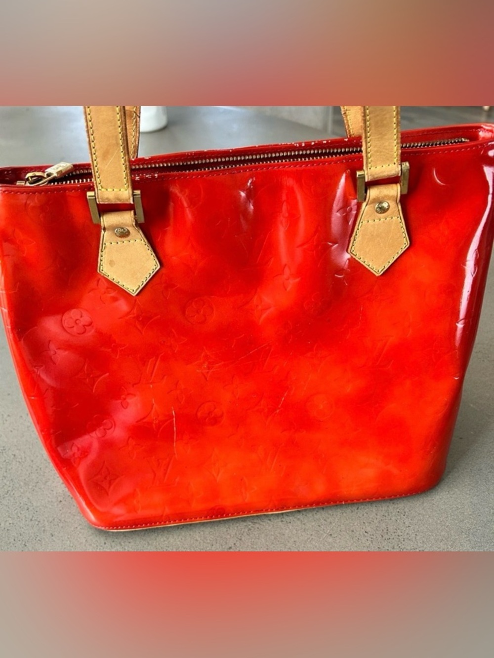 Authentic Louis Vuitton Vernis tote bag patent leather in a sunset red color
